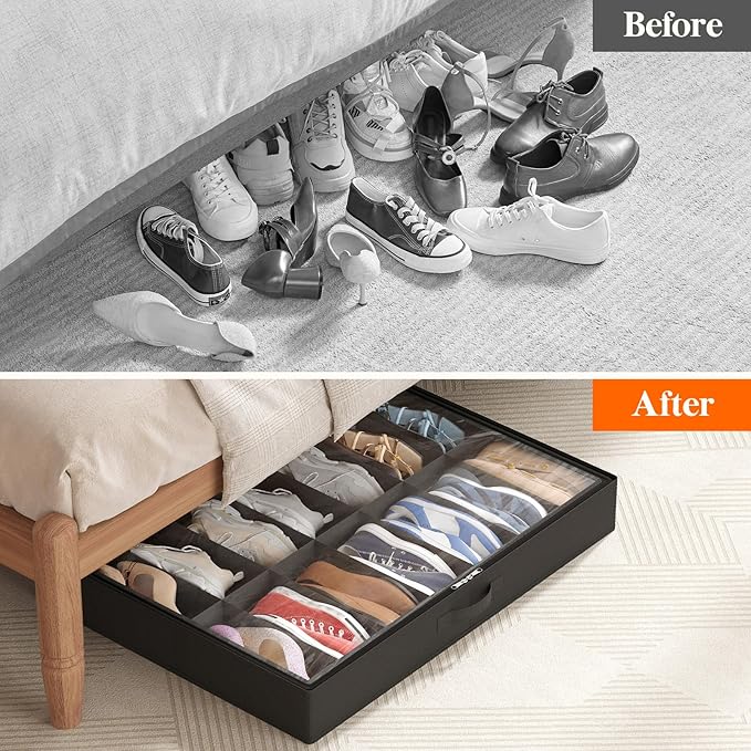 Lifewit Under Bed Shoe Storage Organizer 3 Pack(14 Shoes Cells), 4.3 Inches Profile Fabric Shoes Container Box with Clear Cover, Foldable Storage Bag with 2 Handles, Fits 21 to 42 Pairs