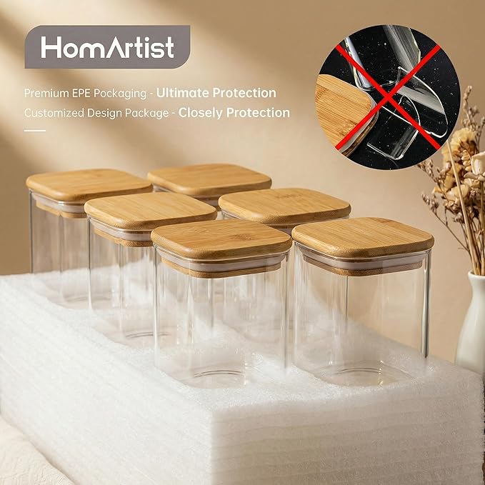 HomArtist Square Glass Jars with Bamboo Lids 27 FL OZ [Set of 6], Glass Canisters with Airtight Lids, Glass Food Storage Containers for Coffee, Sugar, Tea, Candies, Cookies,Best for Kitchen & Pantry