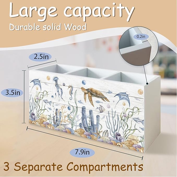 Sea Turtle Coastal Pen Holder for Home Office Desk, Beach Office Decor, Beach Turtle Makeup Brush Toothbrush Holder Organizer for Bathroom Desk Accessories, Beach Gifts for Women Men