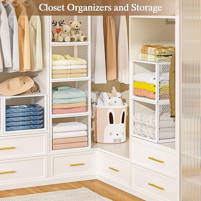 2 Pack Stackable Closet Organizers and Storage Basket, Closet Shelves with Wood Top Extra Storage, Multifunctional Clothes Organizer Bins/Cube Storage Drawer for Wardrobe Kitchen Laundry Room, White