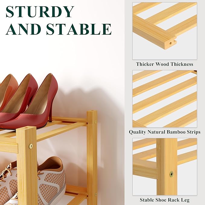 Smiry Bamboo Shoe Rack for Closet, 3 Tier Wooden Shoe Organizer, Stackable Wood Shoe Storage Shelf for Entryway, 14 Vertical Slats, One-piece Heavy-Duty Legs, 26.77"x11.02"x18.31", Natural