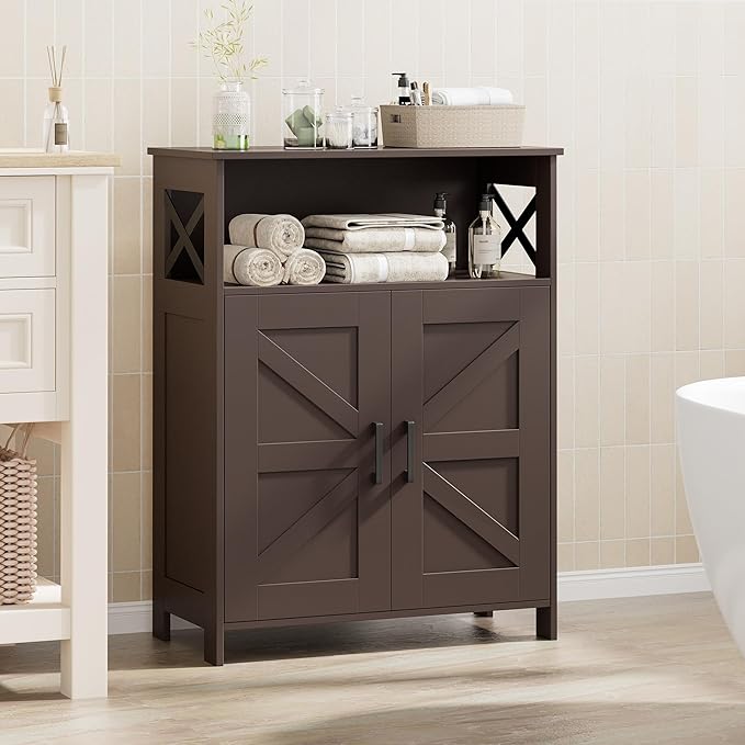 Homhedy Farmhouse Bathroom Storage Cabinet with 2 Doors, Toilet Paper Cabinet with Adjustable Shelf, Small Bathroom Cabinet for Kitchen/Laundry/Living Room, 11.8 x 23.6 x 31.5 Inches, Brown