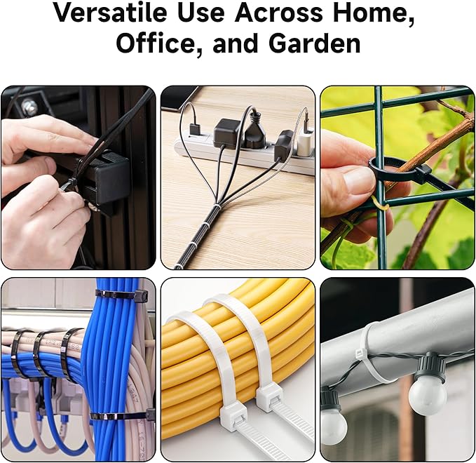 Cable Matters 140-Pack Cable Ties for Indoor and Outdoor, 6, 12-Inch Self-Locking Nylon Zip Ties Assorted Sizes, Tie Wraps for Multiple Use, Self Locking Zipties in Black and White