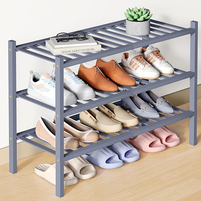 Smiry Bamboo Shoe Rack for Closet, 3 Tier Wooden Shoe Organizer, Stackable Wood Shoe Storage Shelf for Entryway, 14 Vertical Slats, One-piece Heavy-Duty Legs, 26.77"x11.02"x18.31", Grey