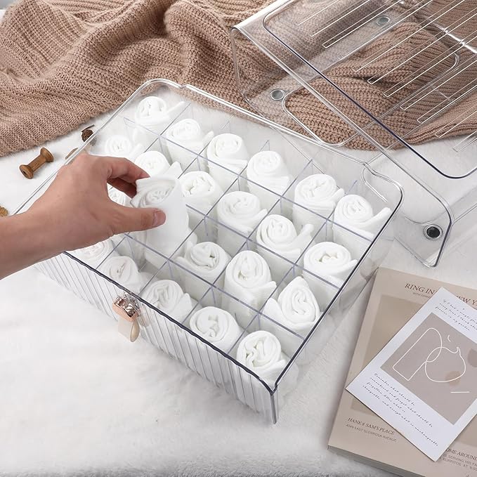 Dimeho 24 Cell Plastic Sock Organizer Underwear Drawer Organizer Acrylic Stackable Storage Drawer Underwear Storage Box with Dividers for Panties Closet Bra Baby Clothes Belts Ties Scarf