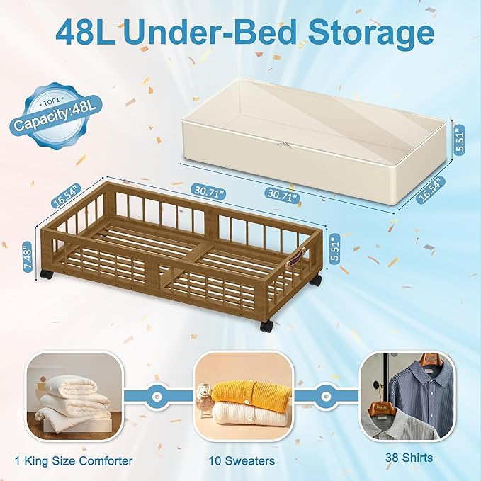 2-Pack Bamboo Under Bed Storage with Wheels, Brown