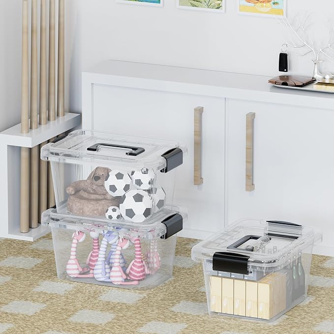 Cetomo Lidded Storage Bin, Tote Organizing Container with Handle and Buckles, Stackable, Plastic, Clear, 6.8Qt, Pack of 20