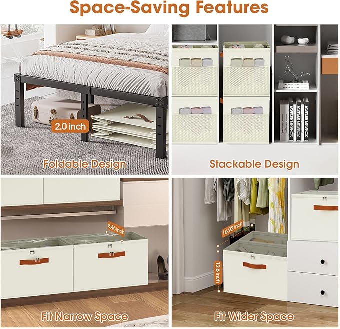 4-Pack Shoe Organizer for Closet, Foldable Shoe Storage Box with Adjustable Dividers & Clear Cover, Fits 32 Pairs, Beige, Durable and Space-Saving