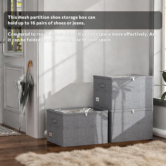 Shoe Organizer for Closet, 2 Pack Foldable Shoe Storage Box with Clear Cover and Adjustable Dividers, Stackable Storage Bins for Boots, Fits up to 32 Pairs (Grey, 19.7 × 15.7 × 12.6 in)