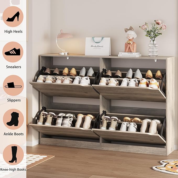 Shoe Storage Cabinet, Wood Shoe Organizer for Entryway with 4 Flip Drawers, Freestanding Shoe Rack with Adjustable Shelf, Narrow Shoe Dresser for Front Door Entrance(Grey, 47.24" x 32.28" x 9.44")