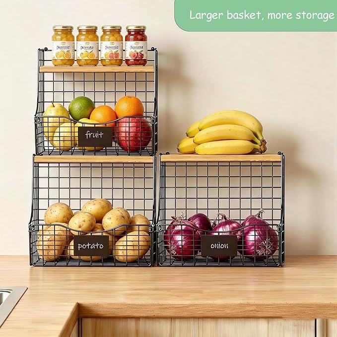 3 Pack wire Fruit Basket for Kitchen with Wood Lid - Counter&Wall Mounted Onion and Potato Storage with Nameplate, Hanging Baskets for Vegetable,11.81 * 10.63 * 8.66 Inch