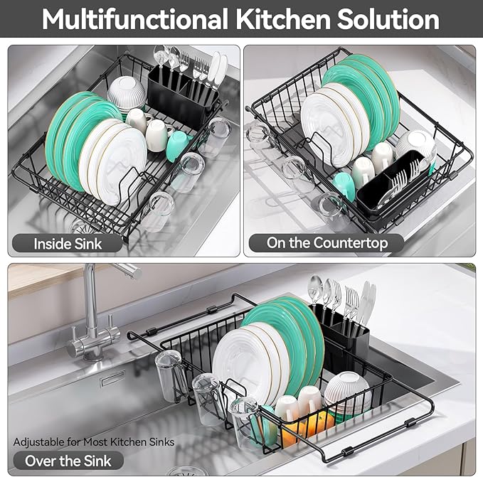 Urackify Dish Drying Rack in Sink, Expandable (15.35"-23.23" L) Over the Sink Dish Rack with Utensil Holder & Cup Holder for Compact Kitchen, Space - Saving Dish Drainer for Inside Sink, Black