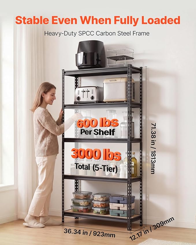 Storage Shelves, 5-Tier Adjustable, 36.34" W x 12.17" D x 71.38" H