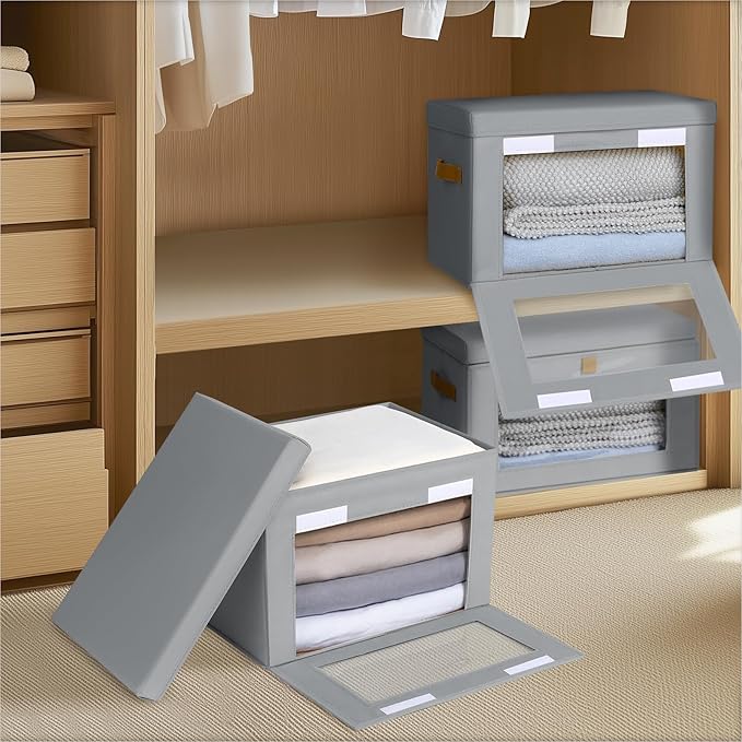 Homsorout Small Fabric Storage bins - Collapsible Storage Bins with Open Window, 5 Pack Closet Baskets for Shelves, Stackable Decorative Boxes for Home, Dorm, Grey, 13.7"x 9.8" x 9.8"