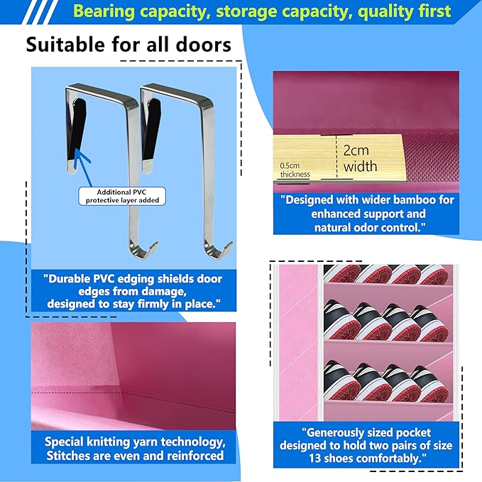 Over the Door Shoe Organizer, 20 to 30 Pairs Hanging Shoe Holder, Pink