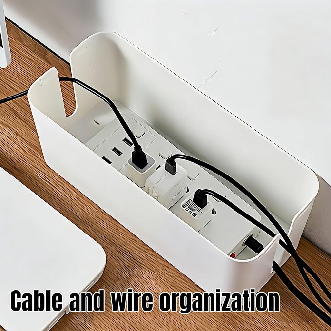 1Large+1Small Cable Organizer Set with 4 Silicone Cable Ties, 2-Piece Cable Management Box, Bamboo Lid Cord Organizer for Home Office,Set of Two Cable Box,Cable Organizer Box(Bamboo lid/White)