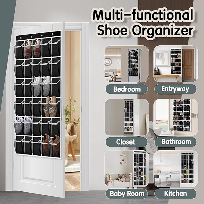 Kotkn Over the Door Shoe Organizer with 30 Breathable Mesh Pockets - Large Capacity Closet Storage for Men & Women, Hanging Shoe Rack Organizer (Solid black)