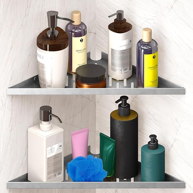 Corner Shower Shelf for Inside Shower - Adhesive/Stick/Drill/No Drill - Floating Strong 14" Silver Corner Shower Shelves for Bathroom, Tiled Wall, Caddy Organizer, Kitchen, Shower