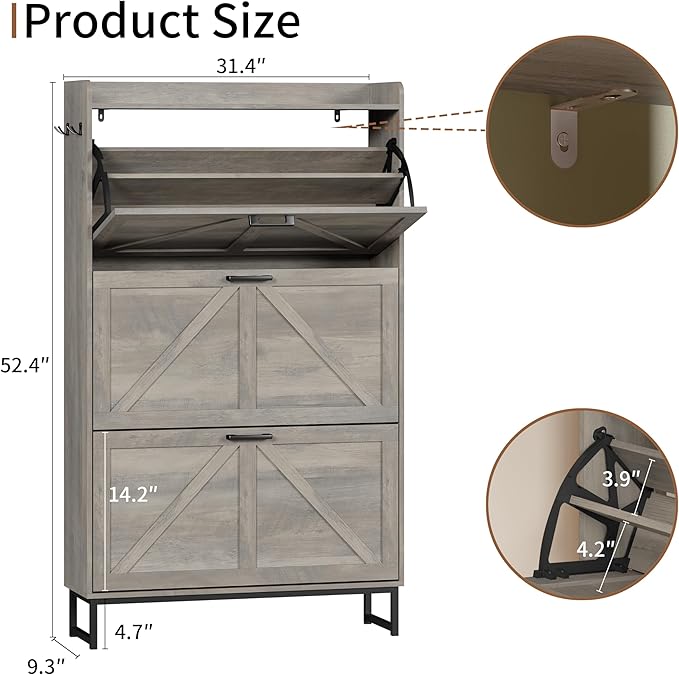 Shoe Cabinet with 3 Flip Drawers, Freestanding Hidden Shoe Storage Organizer for Entryway, Narrow Slim Shoe Rack Cabinet with Open Storage & Hooks for Front Door Entrance, Living Room, Hallway, Grey