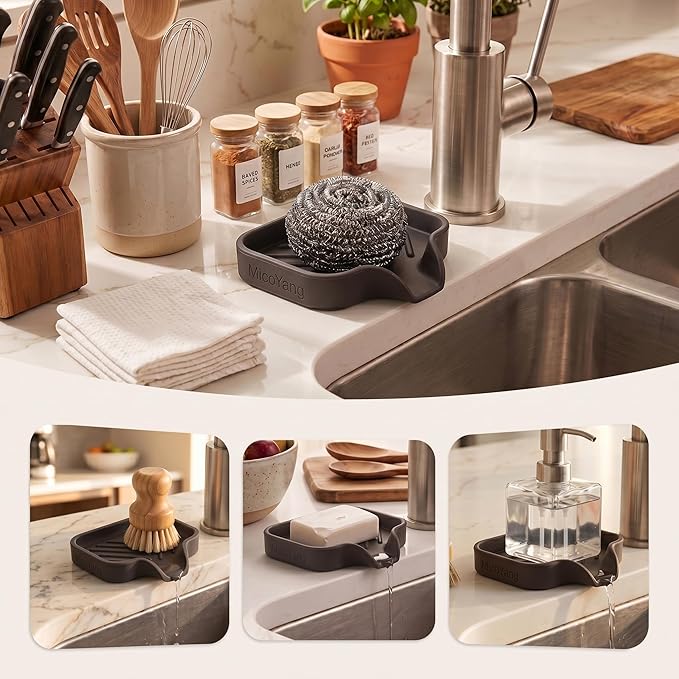 MicoYang Silicone Soap Dish with Drain Spout — Self-Draining Sink Organizer Tray for Bathroom & Kitchen, Holds Bar Soap, Sponges & Dispensers, Non-Slip & Dishwasher Safe, Coffee (Small, 4.9"×3.2")