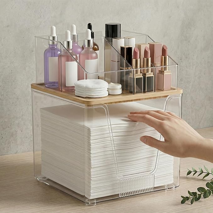 Disposable Facial Towels Holder with Bamboo Lid, 2 in 1 Facial Towels Storage Box and Cosmetics Organizer, Clear Acrylic Box Stackable Vanity Organizer Compatible with Clean Skin Club Towel XL