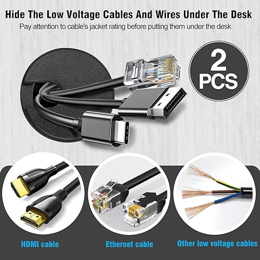 1-1/2" Black Desk Grommet, JTemgle Plastic Cable Hole Cover Computer Table Cord Wire Organizer Caps Desktop Cord Management for Home Office TV Stands Tabletops, 2 Pieces