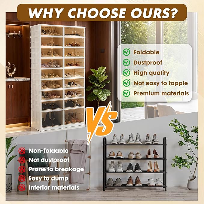 9 Tiers-36 Pairs Folding Shoe Rack Organizer Cabinet with Doors, Large Plastic Collapsible Shoes Shelf, Foldable Shoe Storage Boxes Cabinet, Easy Assembly Shoe Rack For Entryway (9 Tiers-36 Pairs)
