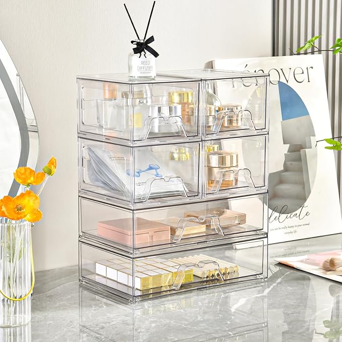 4 Pack Stackable Storage Drawers Clear Acrylic Organizer Bathroom Makeup