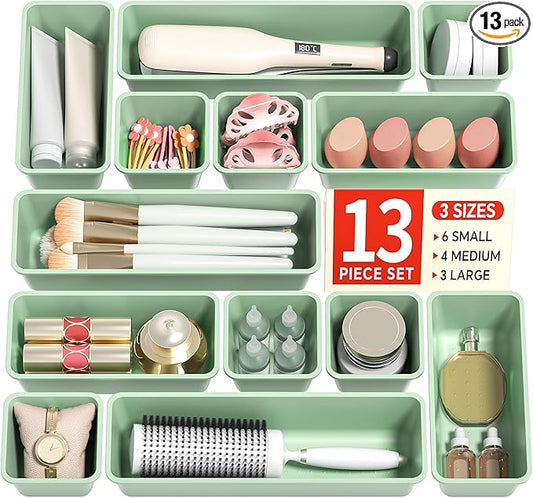 13 Pack Plastic Drawer Organizers Set, Green