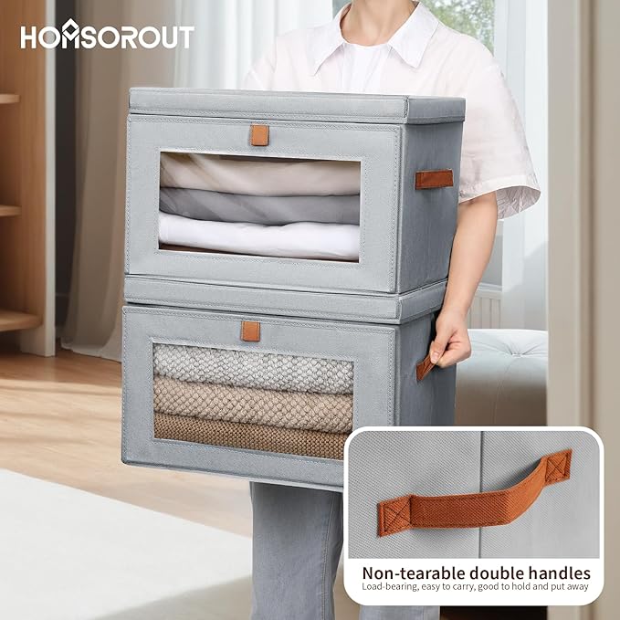Homsorout Large Closet Storage Bins - Collapsible Storage Bins with Handles & Window, Fabric Cube Organizer with Lids, Decorative Boxes for Living Room, Closet, Dorm, 8 Pack, Grey