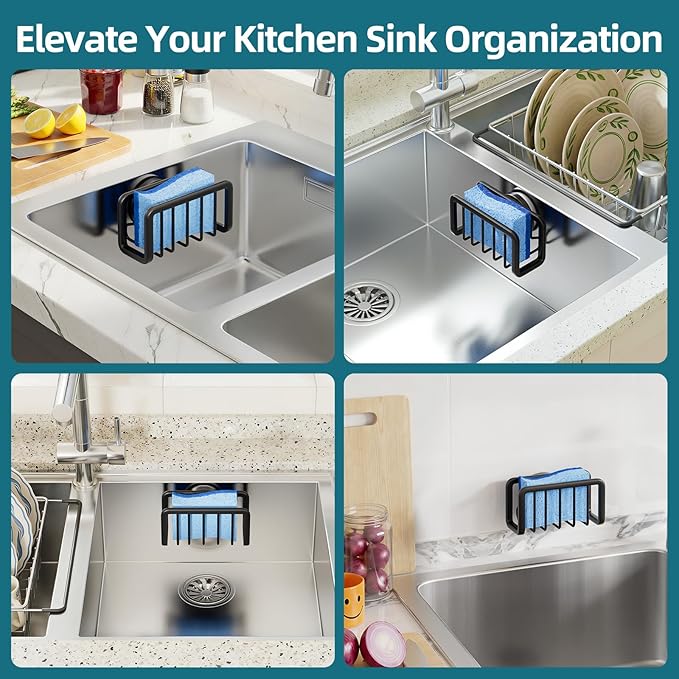 TAILI Sink Caddy with Strong Suction Cup, Sponge Holder for Kitchen Sink Oganizer, Removable Rustproof Aluminum Sponge Holder, Dish Brush for Scraper - Black