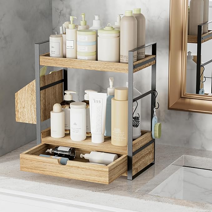 2-Tier Bathroom Counter Organizer with Drawer, Basket & Hooks, Light Brown