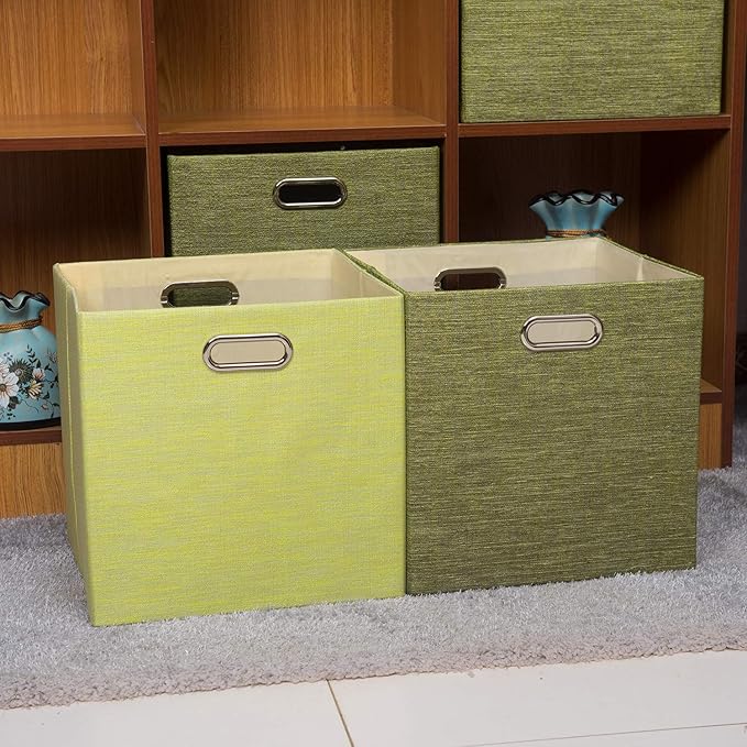 Posprica Foldable Storage Bins,13×13×13 Storage Cubes Boxes Baskets Containers for Shelf Bookcase,Thick Fabric Drawers - Set of 4, Yellow/Beige mixed