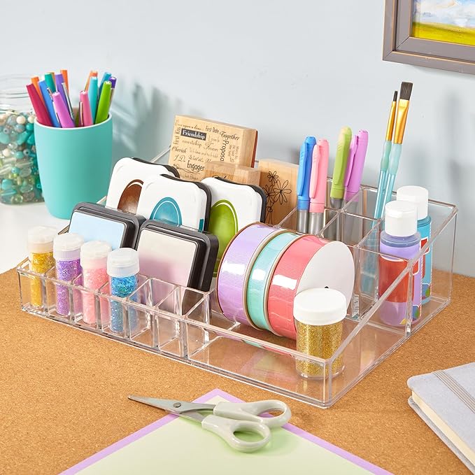 Audrey Clear Vanity Makeup Organizer, 15-Compartment Holder for Brushes