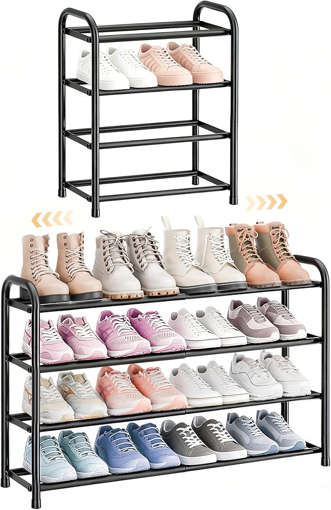 ENJOYBASICS 4 Tier Expandable Shoe Rack for Closet, Free Standing Metal Shoe Shelf Storage Organizer Holder 16 Pairs, Adjustable Width Shoe Rack for Entryway Small Space, Black