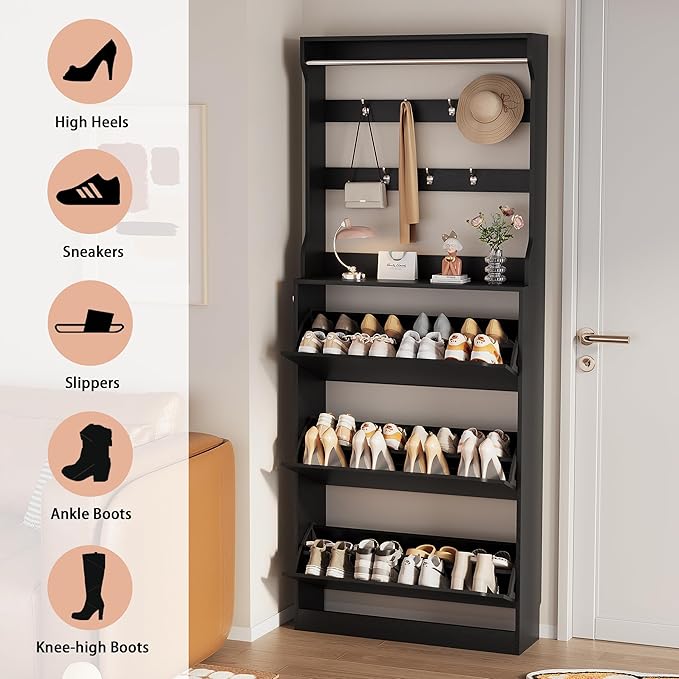 Shoe Storage Cabinet, Wood Shoe Organizer for Entryway with 3 Flip Drawers, Freestanding Shoe Rack with Adjustable Shelf, Narrow Shoe Dresser for Front Door Entrance(Black, 78.74" x 31.5" x 9.37")