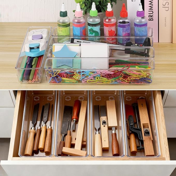 6 Pcs Large Clear Plastic Drawer Organizers Tray 12"x3" Storage Bins with 25 Pcs