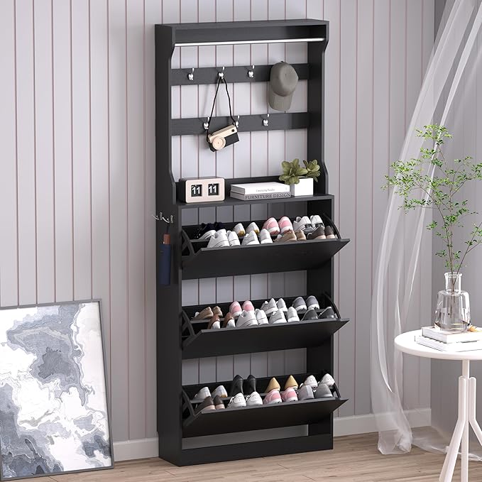 Shoe Cabinet with 3 Flip Drawers & Coat Rack, Narrow Hidden Shoe Storage Cabinet