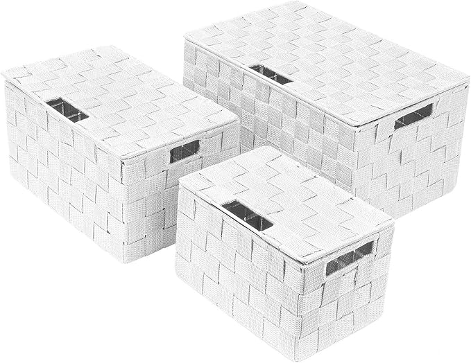 Sorbus Set of 3 Hand-Woven Storage Baskets with Lids – Decorative Wicker Organizers for Home, Closet, or Shelves (White)