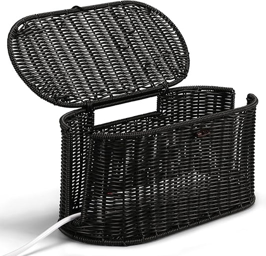 Handwoven Rattan Style Cable Management Box, Cord Organizer with Outlet Covers