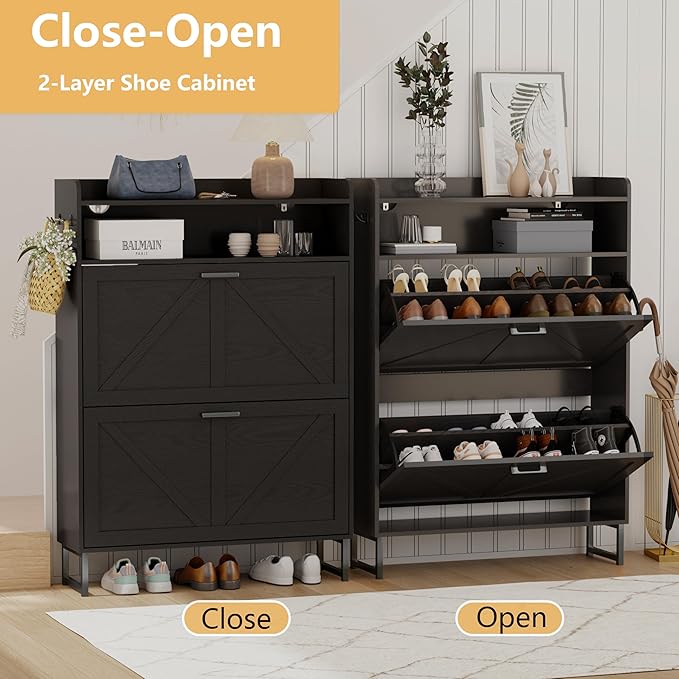 Shoe Cabinet with 2 Flip Drawers, Freestanding Hidden Shoe Storage Organizer for Entryway, Narrow Slim Shoe Rack Cabinet with Open Storage & Hooks for Front Door Entrance, Living Room, Hallway, Black