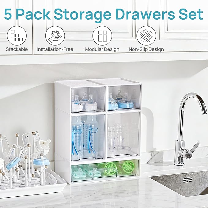 Stackable Storage Drawers Set of 5, Plastic Organizer Bins for Baby Bottle