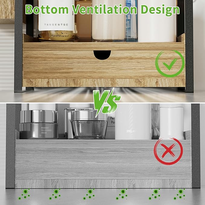 2-Tier Bathroom Counter Organizer with Drawer, Basket & Hooks, Light Brown