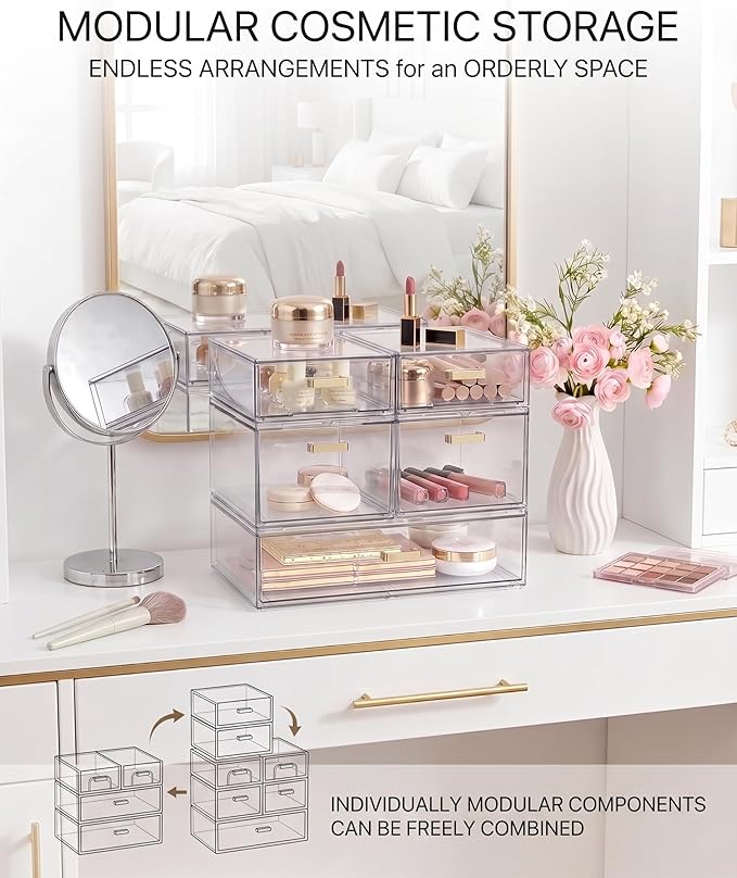 LALOBLUE Stackable Storage Drawers, 6 Pack Clear Acrylic Organizer Bins with Golden Handles, Multi-Size Plastic Drawers for Makeup, Vanity, Kitchen, Bathroom, Office, Pantry Organization and Storage