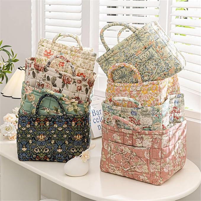 Fabric Baskets for Storage, Quilted Boho Floral Basket with Handles, White