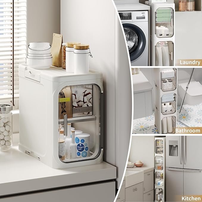 5-Tier Tall Narrow Storage Cabinet, Slim Bathroom Storage Cabinet with Adjustable Shelves and Wheels, Narrow Organizer for Small Space, Bathroom, Kitchen, Laundry, White