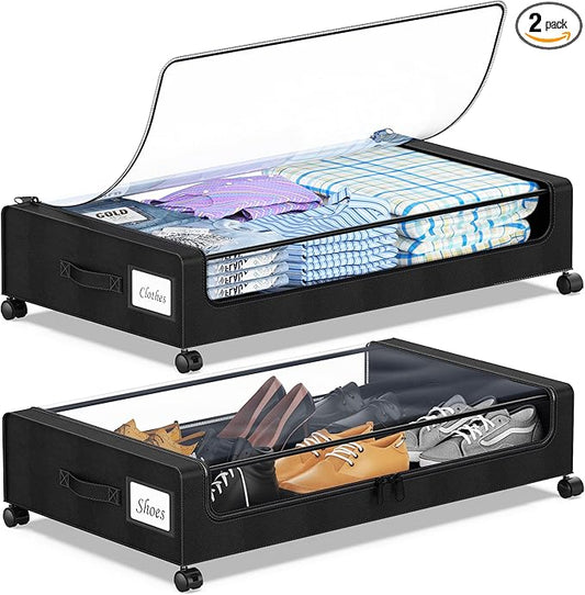 YAASHEEN Under Bed Storage with Wheels, 2-Pack Under the Bed Storage Containers with Clear Lids & Label, Underbed Storage Bins, XXL 60L Rolling Metal Drawer for Clothes, Shoes, Toys, Books - Black