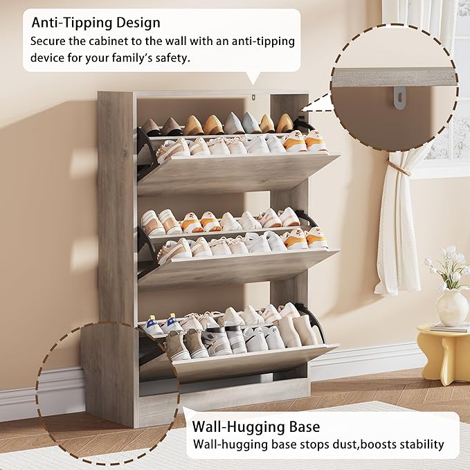 Shoe Storage Cabinet, Wood Shoe Organizer for Entryway with 3 Flip Drawers, Freestanding Shoe Rack with Adjustable Shelf, Narrow Shoe Dresser for Front Door Entrance(Grey, 47.2" x 31.5" x 9.25")