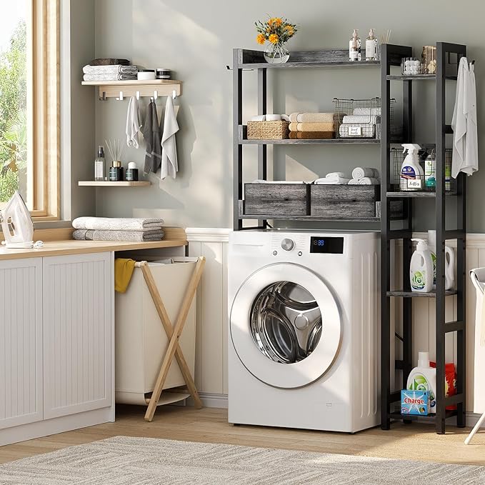 Besiost Over The Toilet Storage with 2 Drawers - 7 Tier Bathroom Organizer with Adjustable Shelf, Freestanding Space Saver Storage Rack Above Toilet Stand with 4 Hooks for Restroom, Laundry, Grey Oak