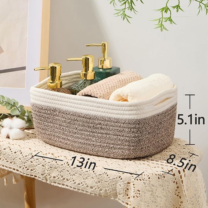 MiniArk Small Storage Baskets for Organizing | Closet Organizer Bins | Shelf Toy Basket | Woven Rope Baskets | Cube Decorative Box | Shallow Basket | 13x8.5x5.1” | 4 Packs White Brown
